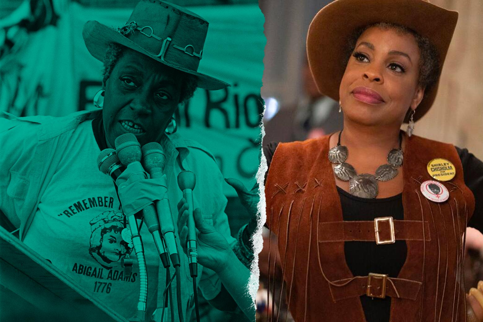 A side-by-side of the two women, wearing cowboy hats