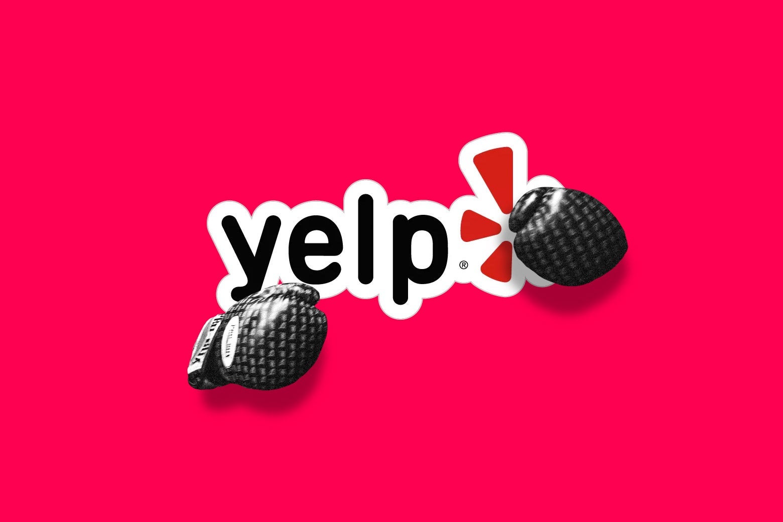 Photo illustration of the Yelp logo wearing boxing gloves.