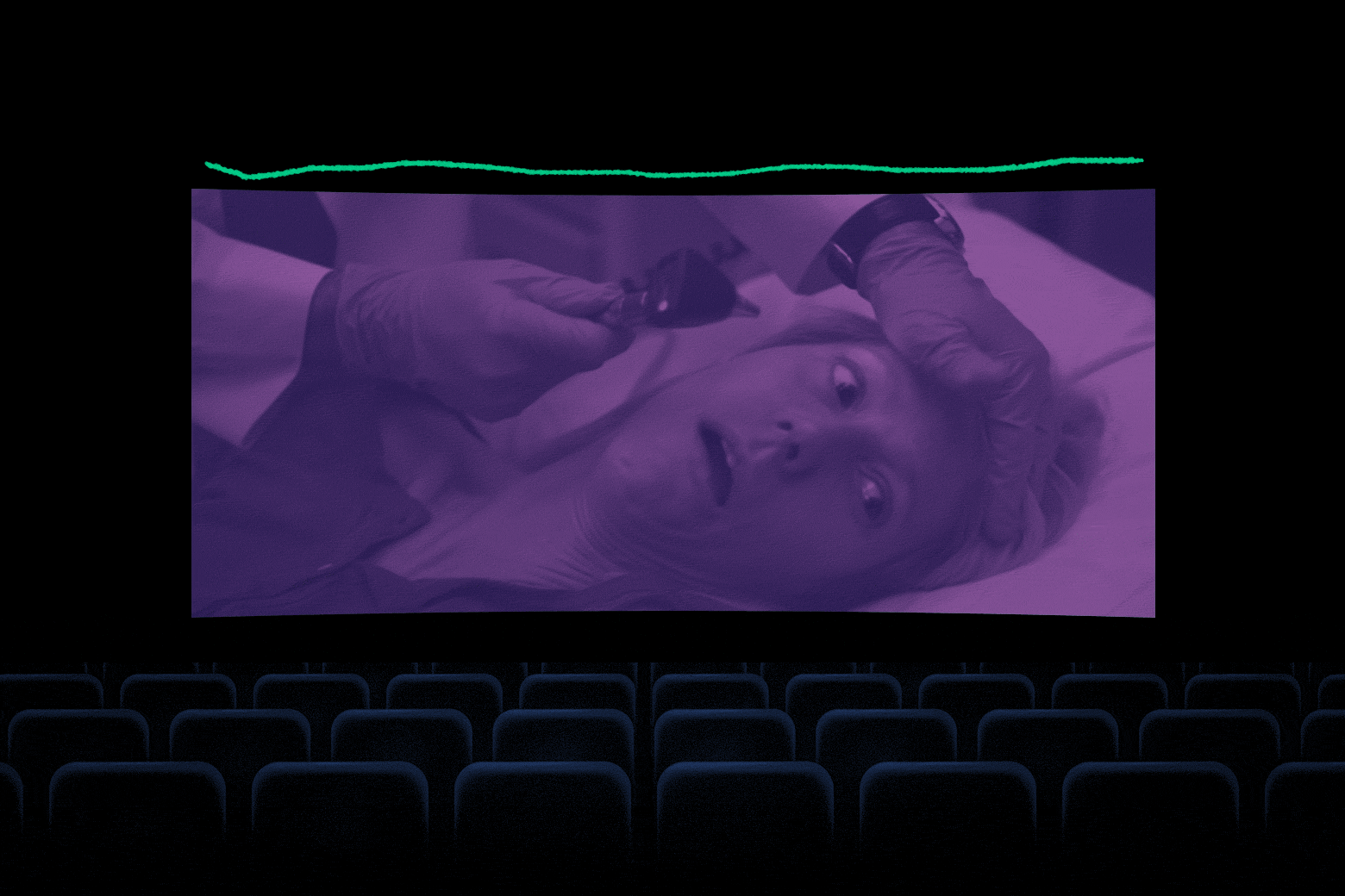 An empty movie theater's screen shows Gwyneth Paltrow on a bed with a doctor checking her head.