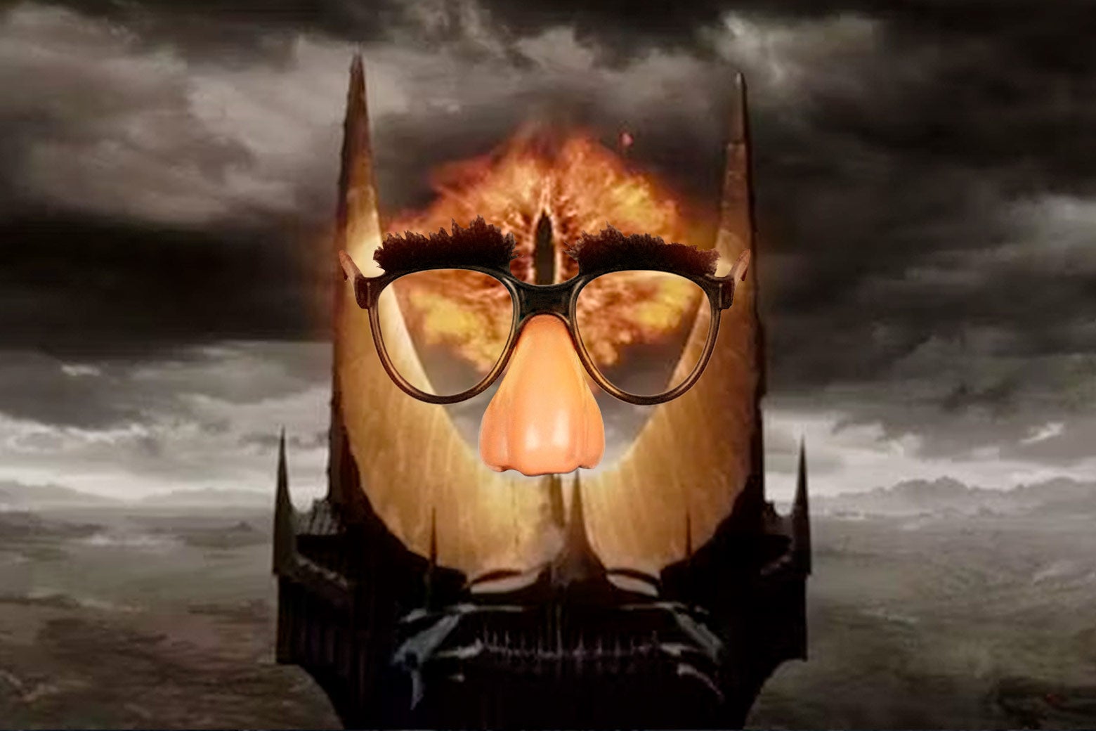 The fiery eye of Sauron, wearing glasses with bushy eyebrows and an oversized nose attached.