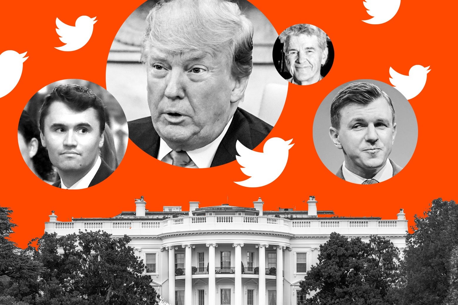 Twitter birds and photo bubbles of Charlie Kirk, Donald Trump, Bill Mitchell, and James O'Keefe floating above the White House.