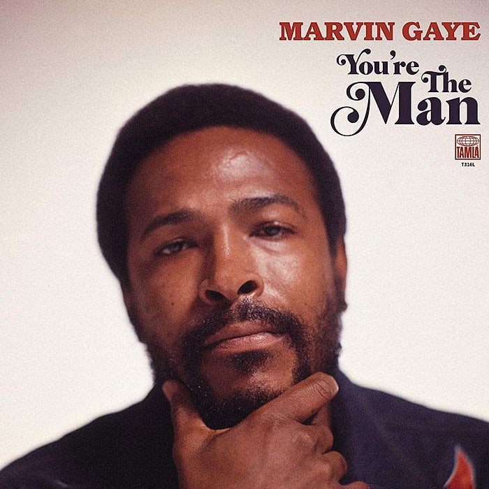 Album cover: Marvin Gaye stares directly into the camera with a pensive look on his face while framing his chin with his thumb and index finger.