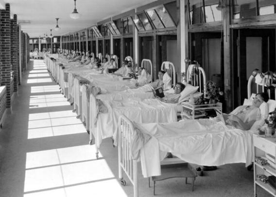 Fresh air was a part of the regimen to battle tuberculosis. Above, patients receive fresh air treatment on the sun porch at Waverly Tuberculosis Hospital in Louisville.