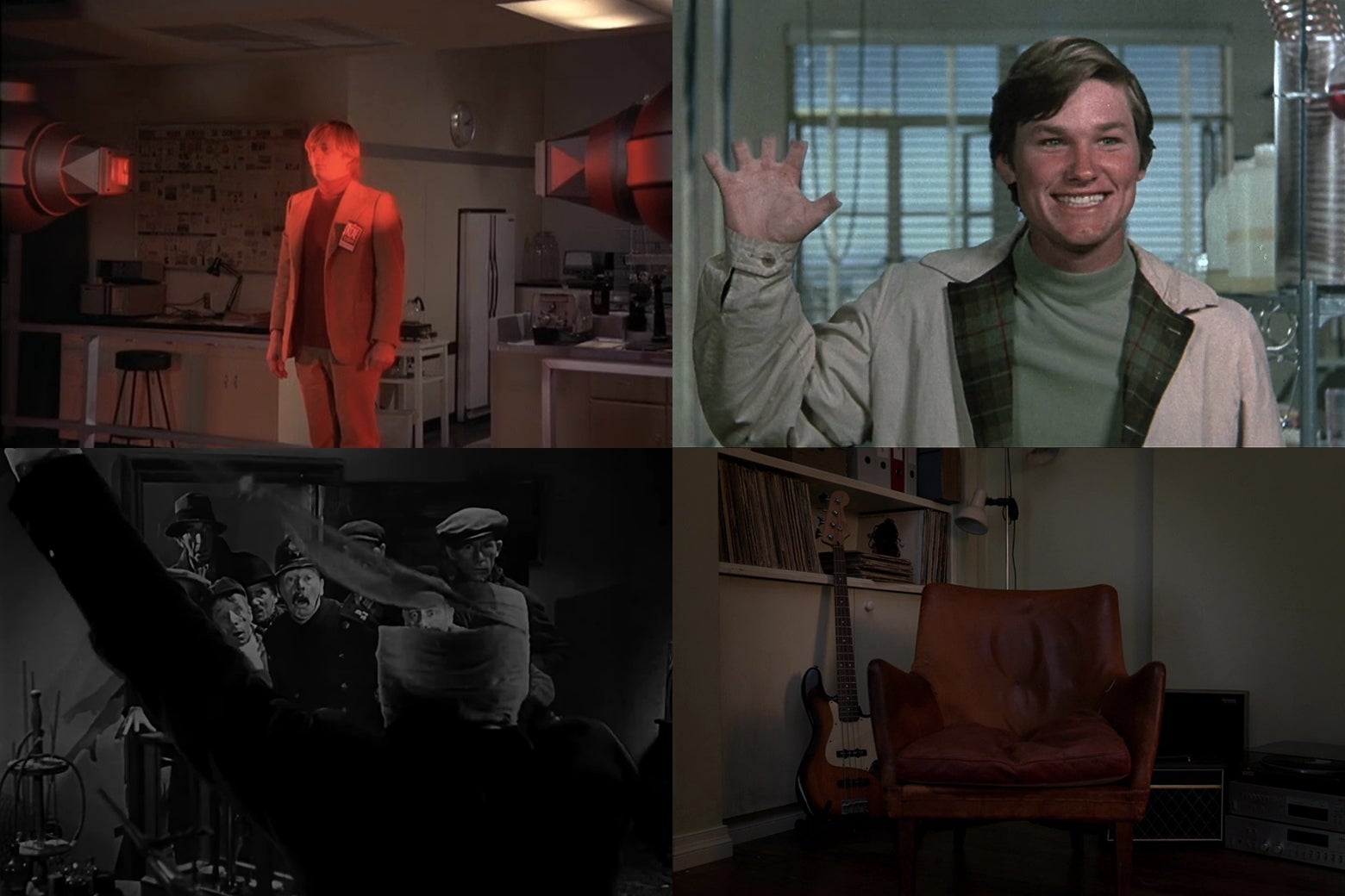 Four stills from various films and tv shows about invisibility. One, from The Invisible Man, shows a man in a tan 1970s suit bathed in red light from an apparatus. One shows Claude Rains as the original Invisible Man, horrifyng the townspeople. One shows a very young Kurt Russel holding up a hand with invisible fingers, and the last is from Universal's new film of The Invisible Man, and it shows a red leather chair with the indentations from an invisible man sitting on it.