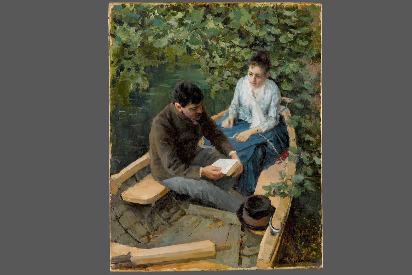 Impressionist painting of a man reading to a woman in a boat on water