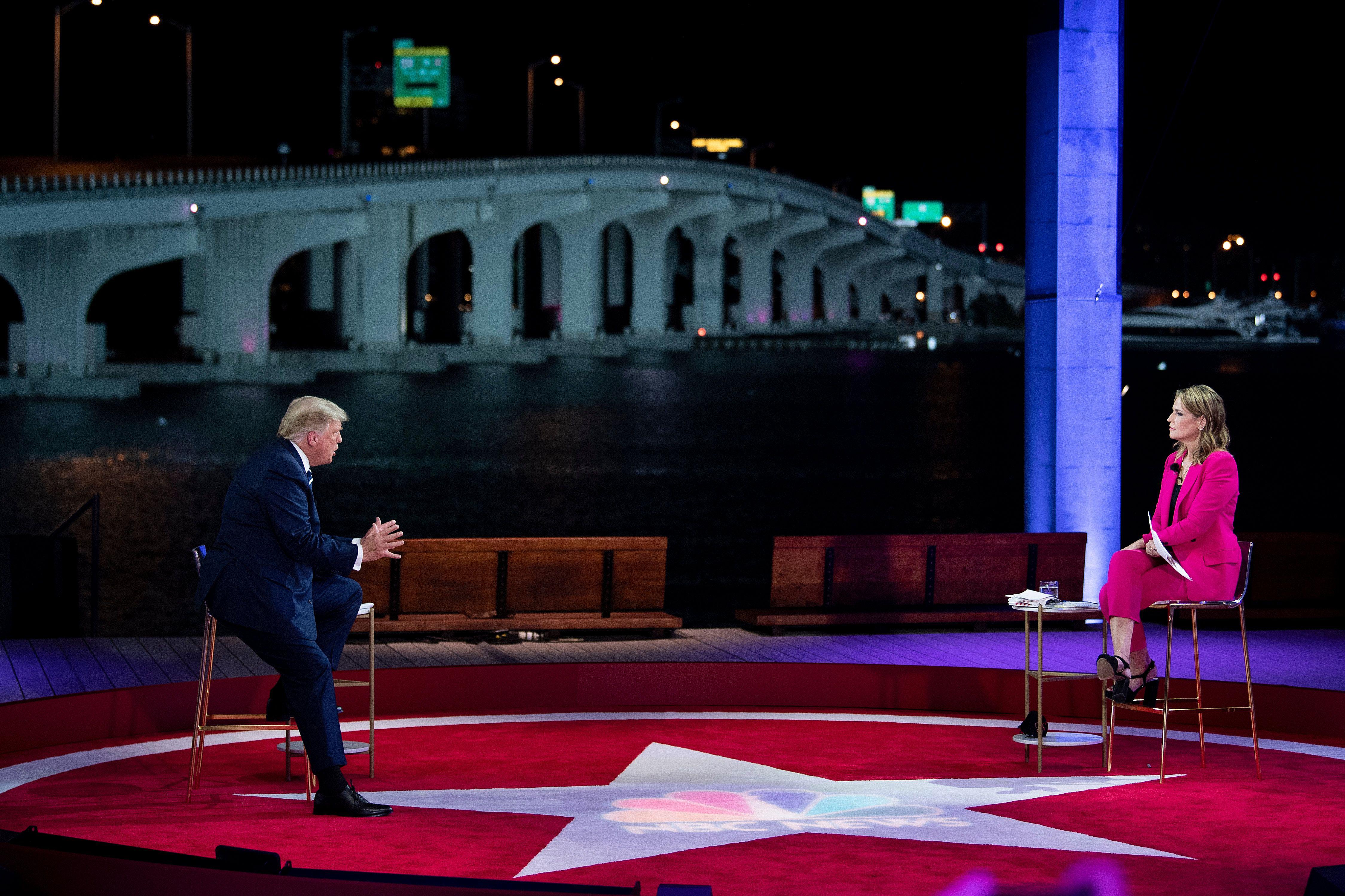 Trump speaks as he and Guthrie sit across from each other on an open-air stage, with water and a bridge in the background