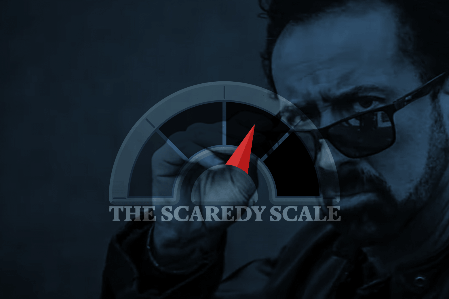 Nicolas Cage lowers his sunglasses and looks at the camera. In front of him, a meter twitches. It's labeled "The Scaredy Scale."