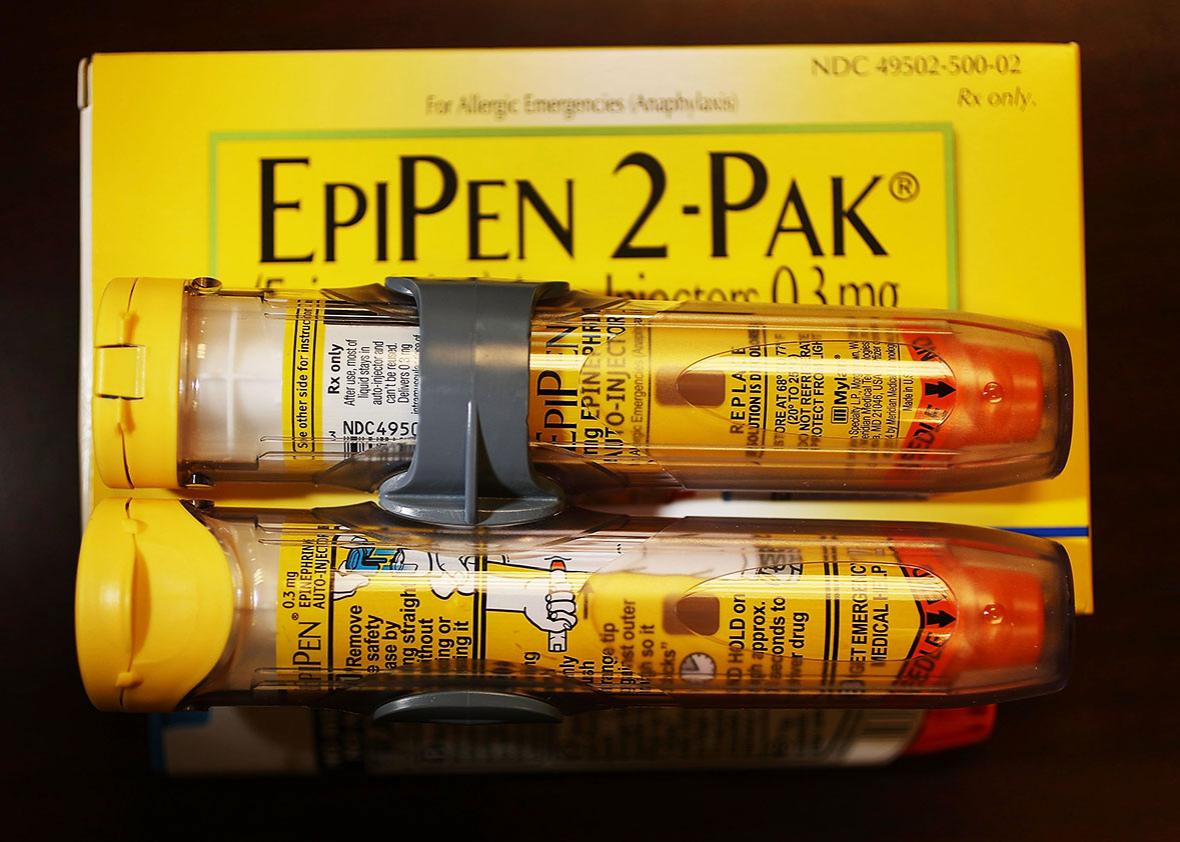 In this photo illustration, EpiPen, which dispenses epinephrine through an injection mechanism for people with severe allergies, is seen as the company that makes it Mylan Inc. has come under fire from consumers and lawmakers for the price that it is currently charging on August 16, 2016 in Hollywood, Florida.  