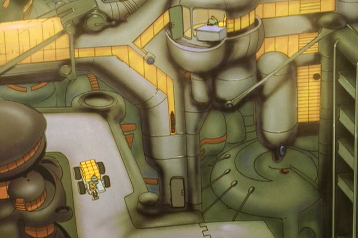 A still from the beginning of the episode “Utopia or Deuteranopia?”: a dense urban landscape cross-sectioned for maximum visibility.