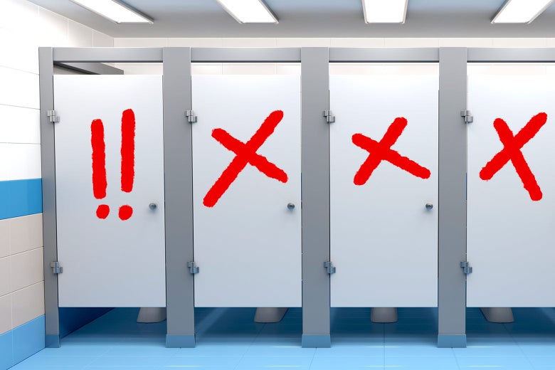 Four bathroom stalls, one with an exclamation point on its door and three with X's on them.