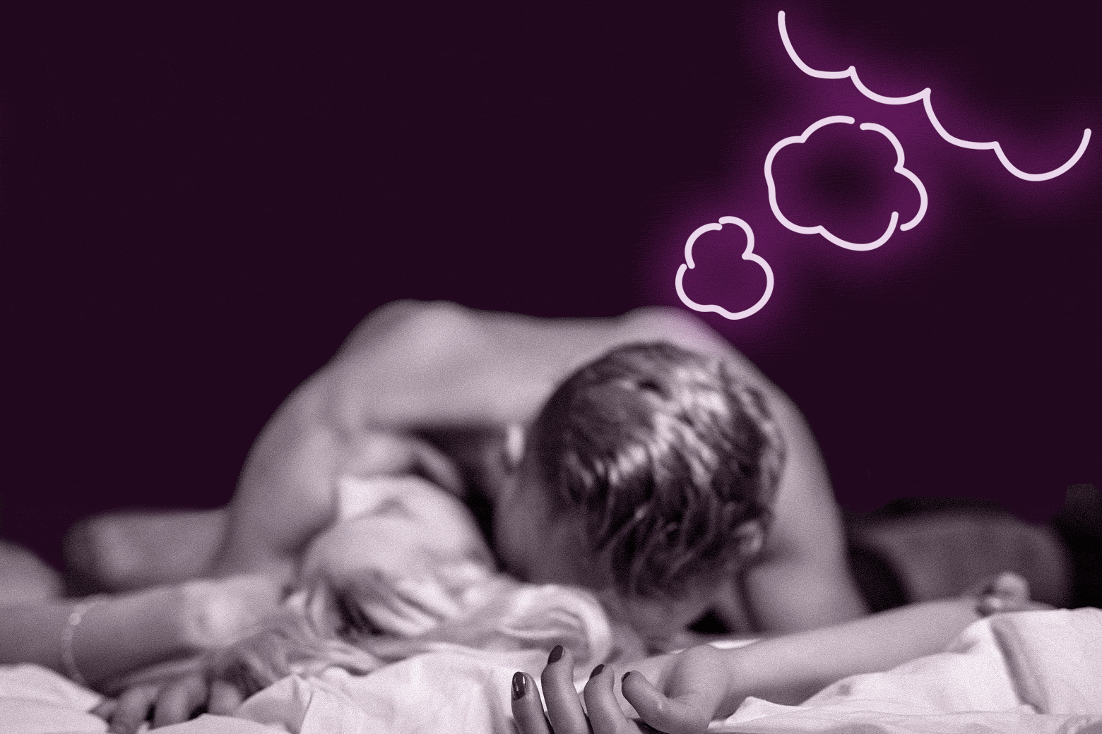 Man kissing a woman with a thought cloud over him.