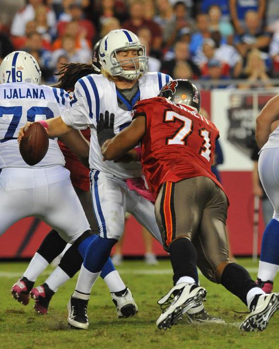 Peyton Manning's backup's backup, Curtis Painter, being tackled versus the Buccaneers