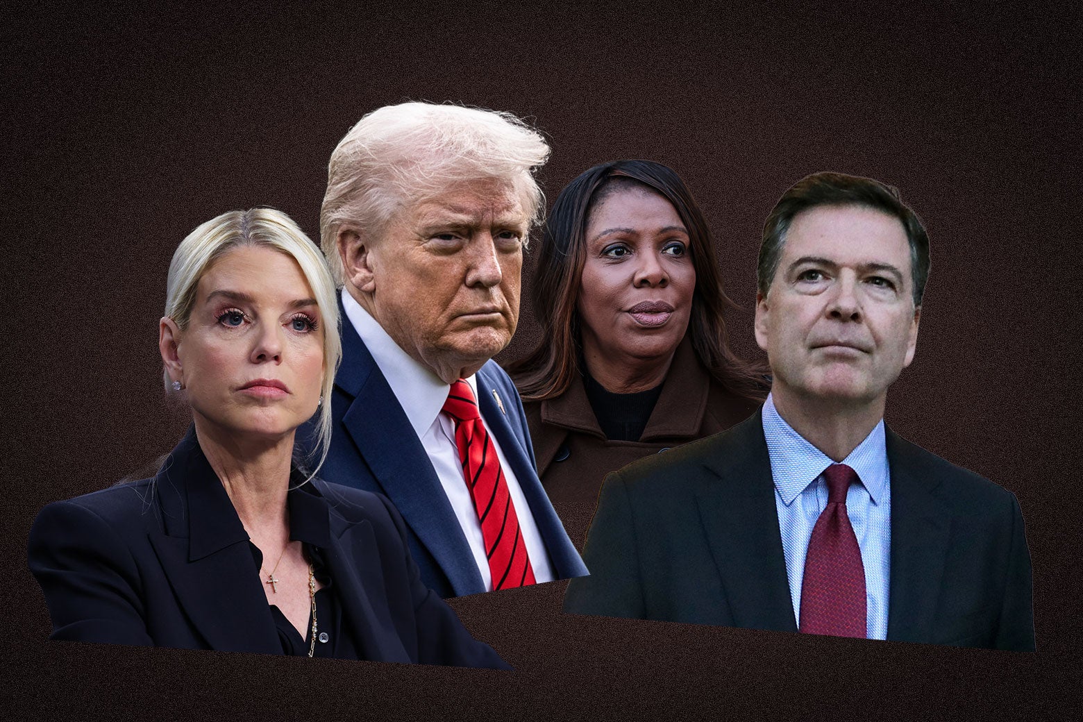 Bondi, Trump, Tish James en Comey.