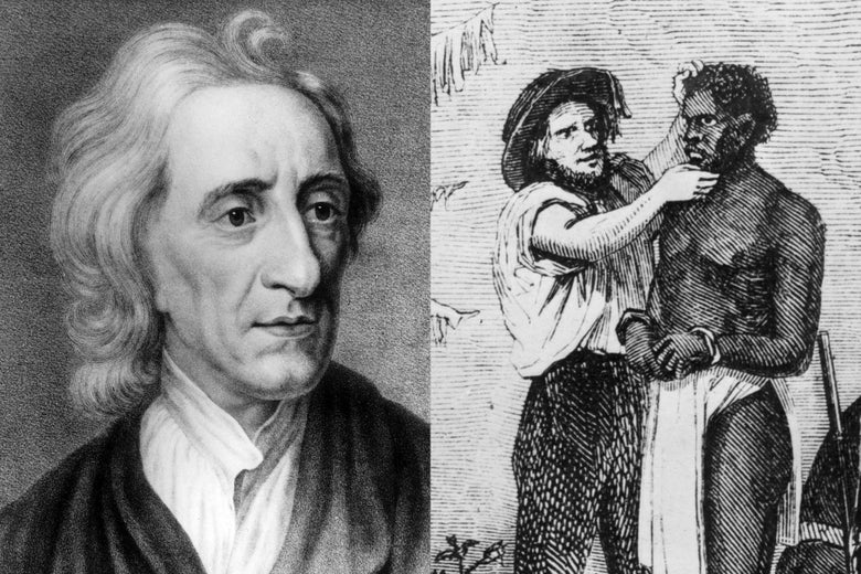 John Locke, and a wood graving of white trader inspecting an African slave during a sale, circa 1850.