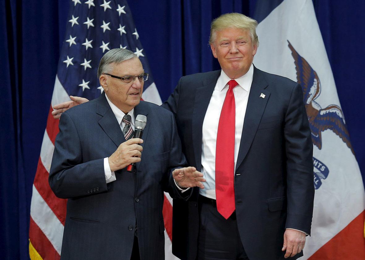 U.S. Republican presidential candidate Donald Trump is joined onstage by Maricopa County Sheriff Joe Arpaio 
