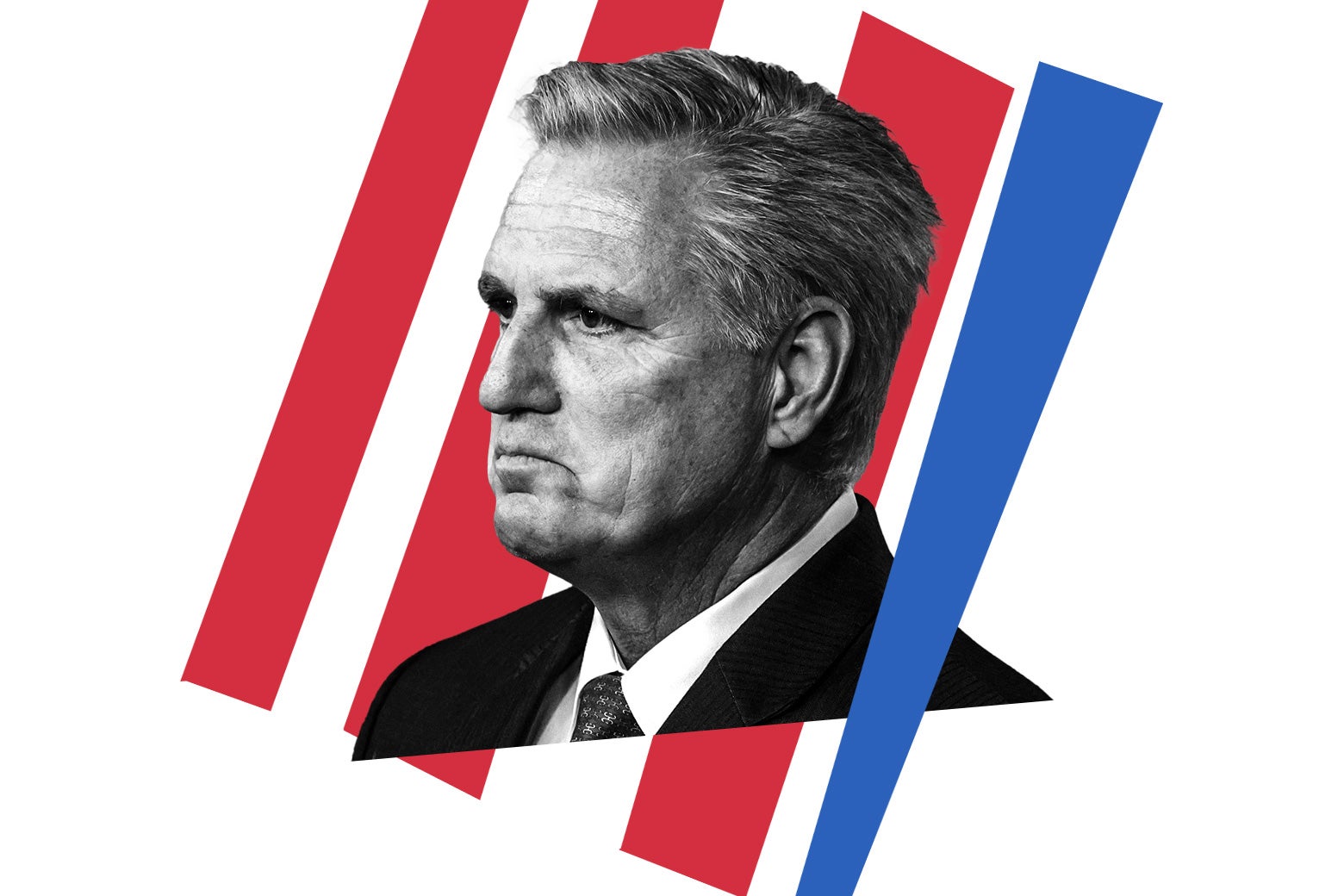 Kevin McCarthy's face floating within a mass of three red shapes and one blue shape