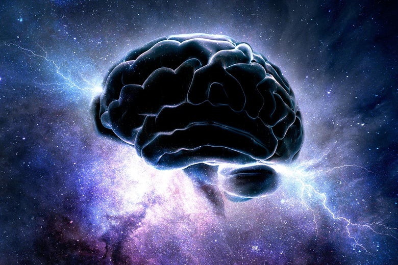 A brain with images of space and lightning behind it.