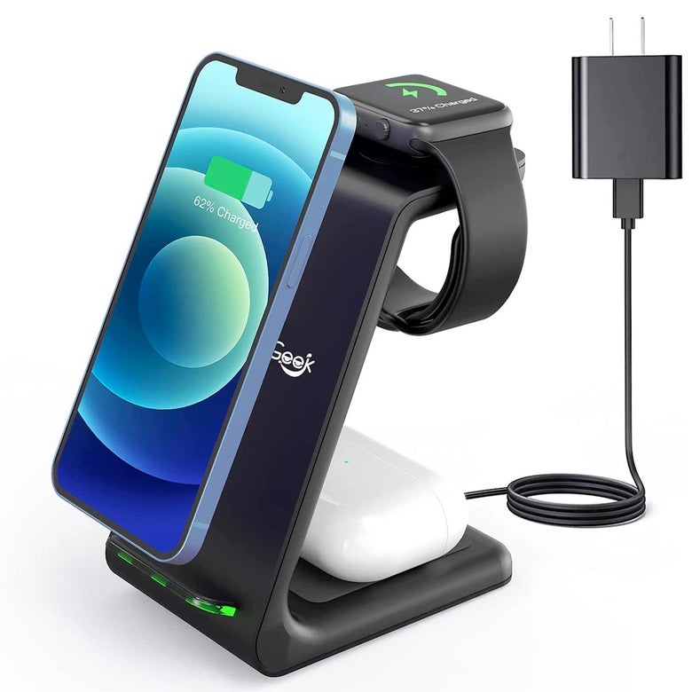 An iPhone, Apple Watch, and AirPod case on a wireless charging station