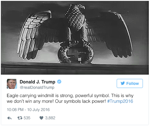 Eagle carrying windmill is strong, powerful symbol. This is why we don't win any more! Our symbols lack power! #Trump2016