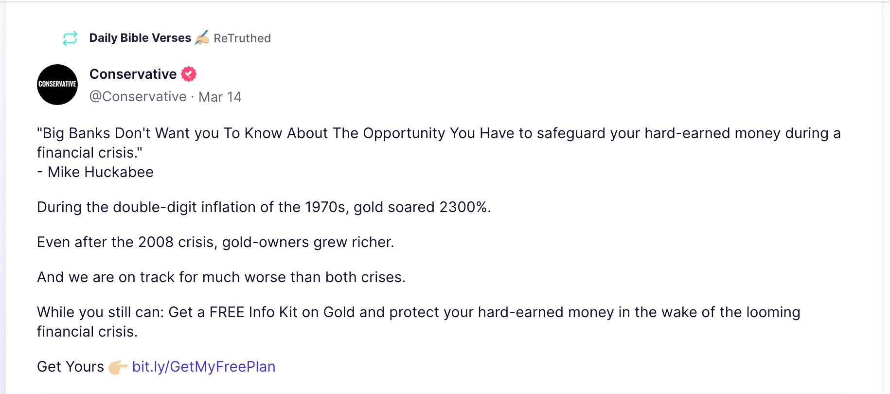 A "ReTruth" by a Daily Bible Quotes account of a Truth by @Conservative advertising gold investments.