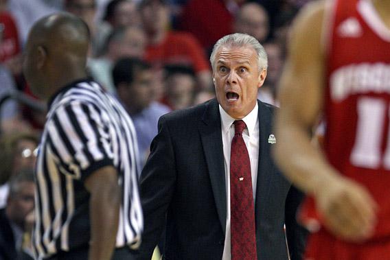 Wisconsin head coach Bo Ryan is irate as he yells at an official in the second half. Wisconsin and Syracuse met in the early game of the evening.