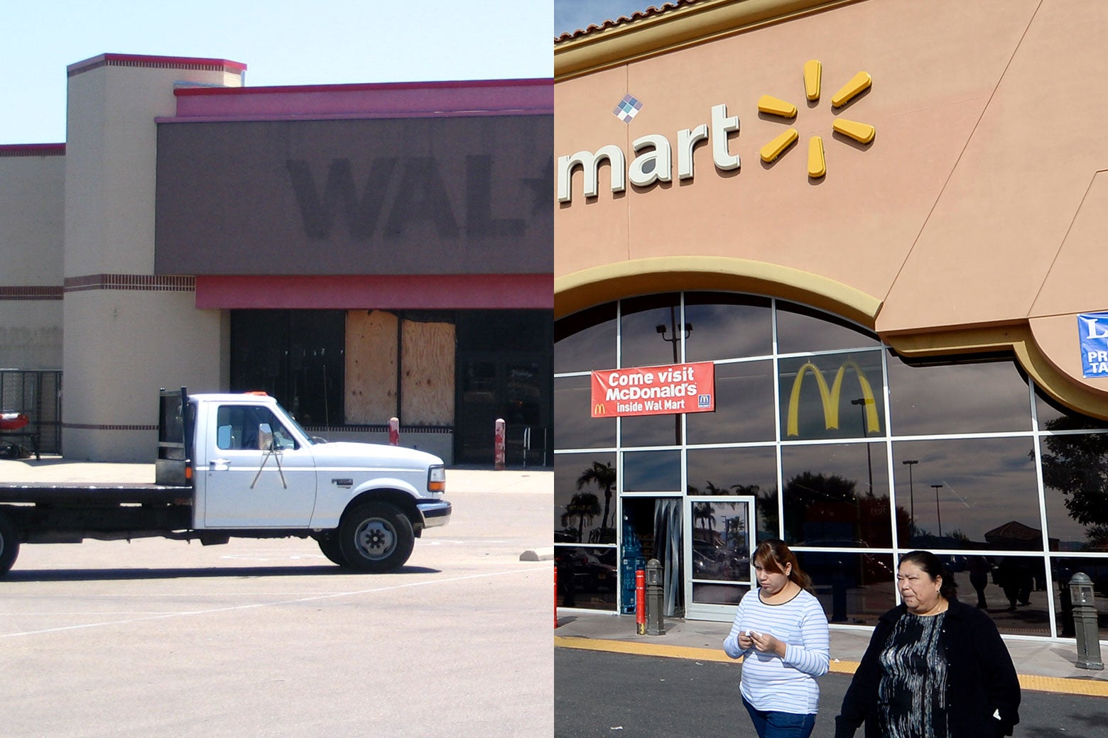 At left, an empty Walmart. At right, a thriving Walmart.