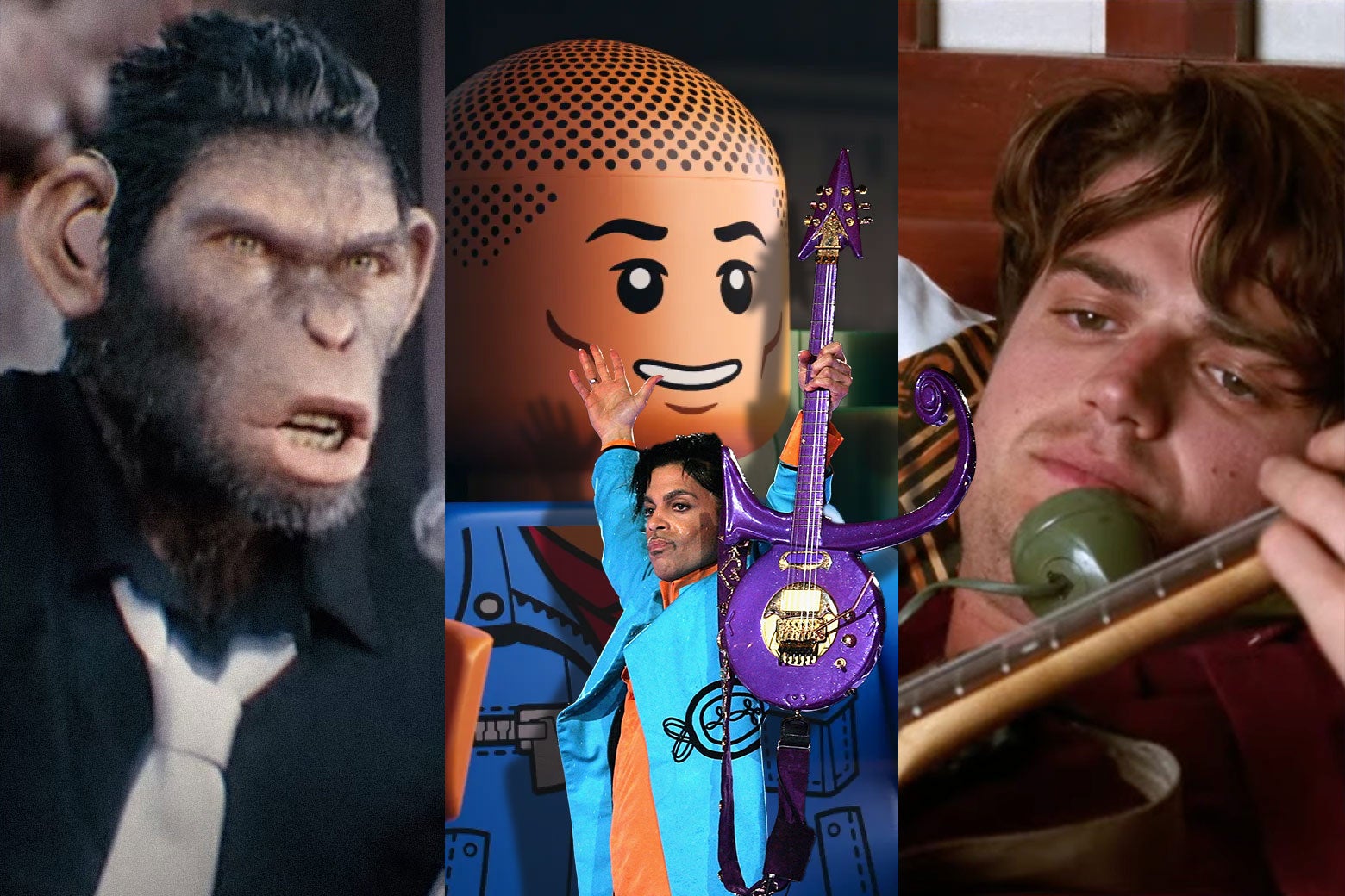 Collage showing a chimpanzee version of Robbie Williams, Lego Pharrell, Prince, and Joe Keery as Pavement's Stephen Malkmus.