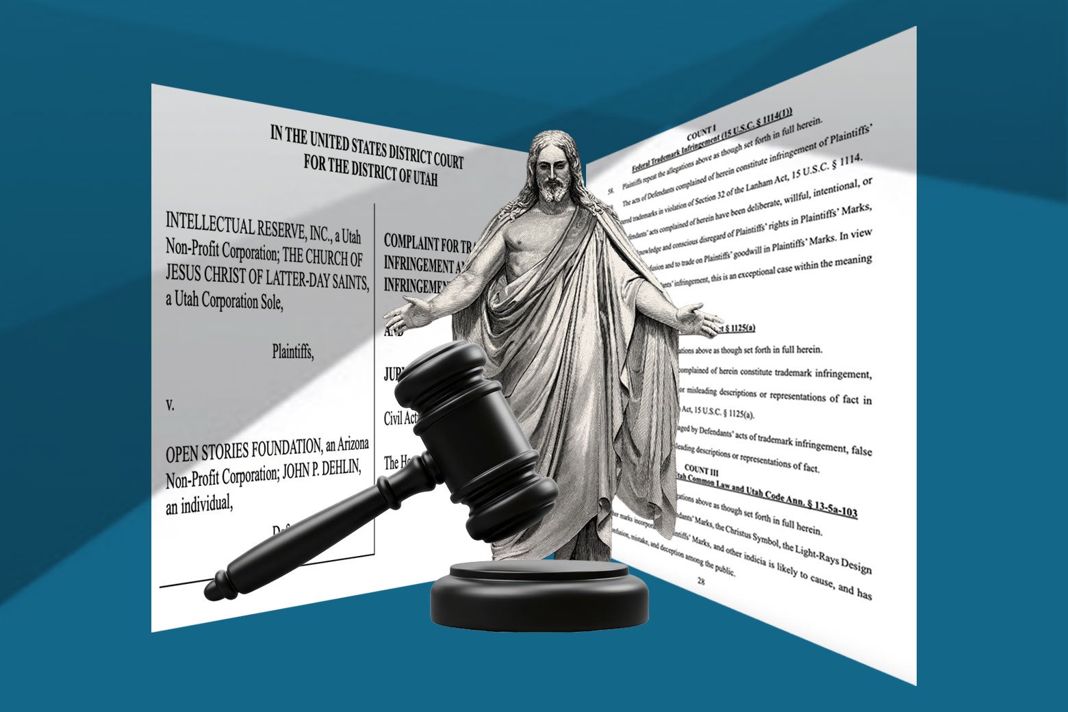 Thorwaldsen's Statue Of The Saviour surrounded by a printed lawsuit.