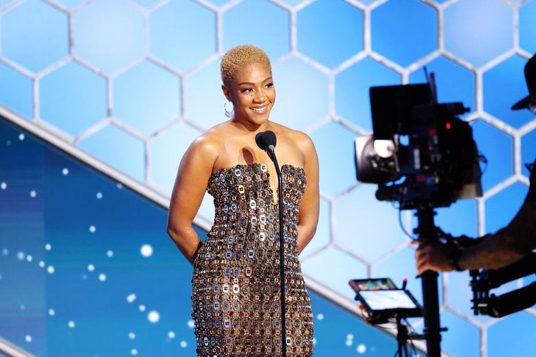 Tiffany Haddish speaks at the Golden Globe awards.