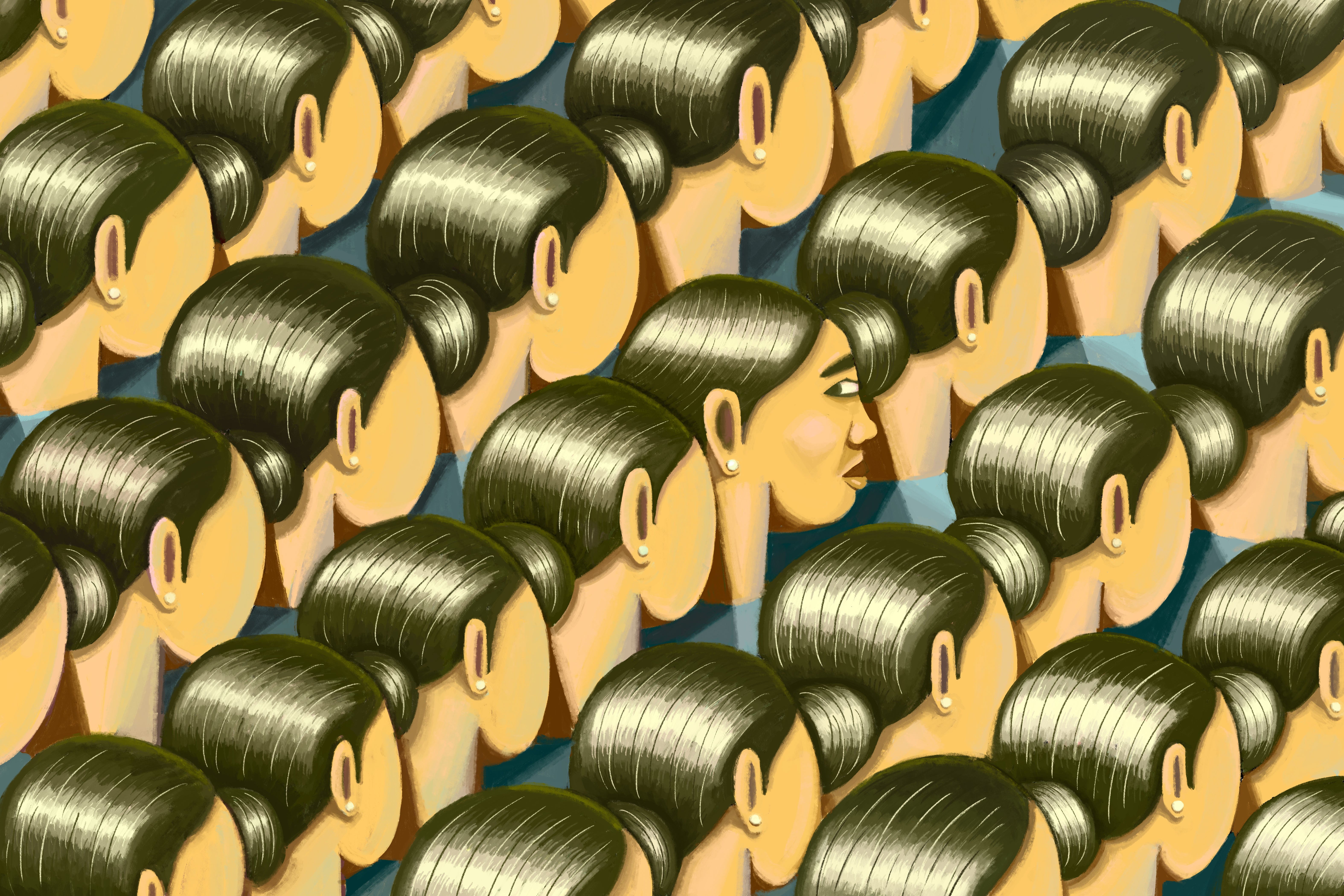 An illustration of the backs of identical women's heads, black hair in a tight bun, organized in repeating vertical rows. In the center, one head is turned to the right, showing the side of a face.