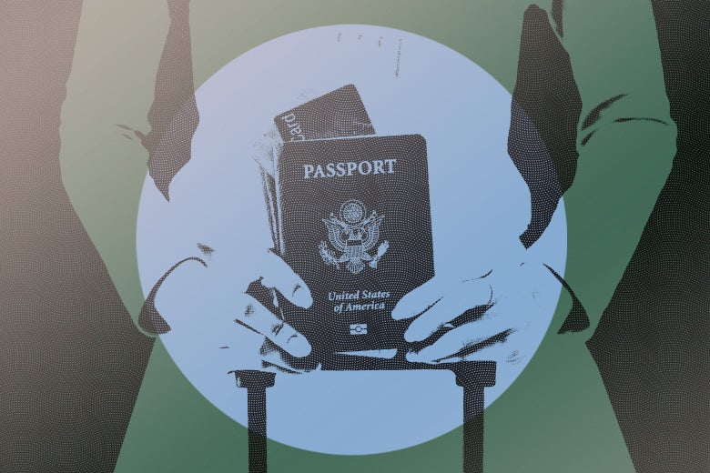 Illustration of hands holding a US passport. 