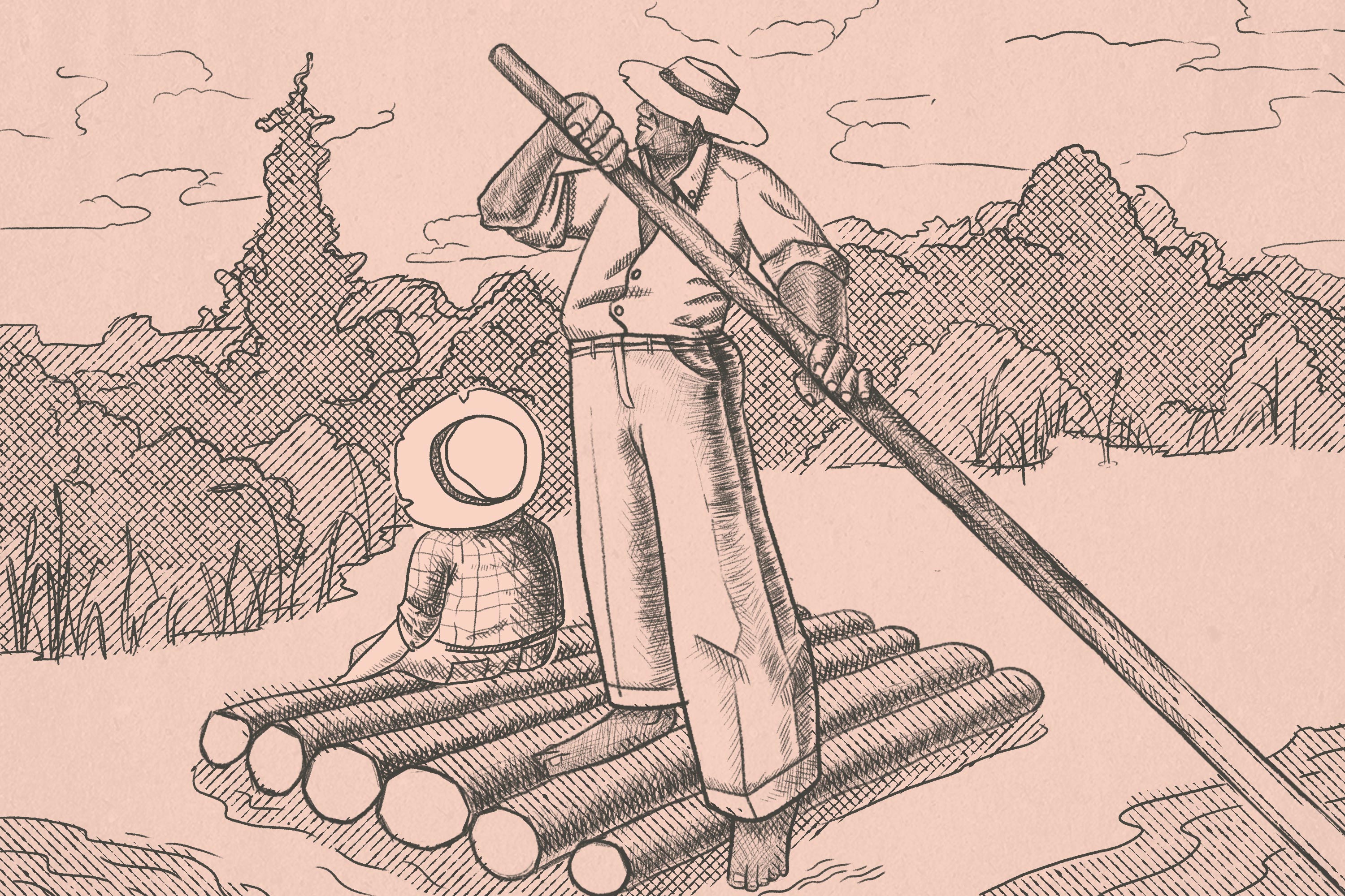 A pink and black illustration of Jim poling a raft through a beautiful landscape as Huckleberry Finn sits on it with his back to us.