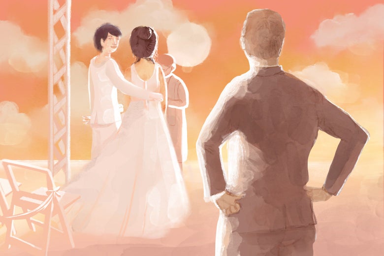 A woman and her bride-to-be stand at an altar. The woman looks back at a man who is standing with his hands on his hips.