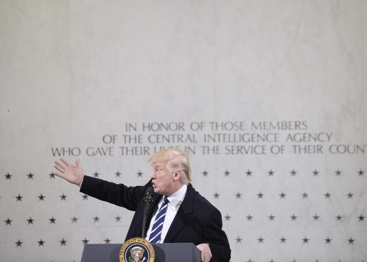 US President Donald Trump speaks at the CIA headquarters on January 21, 2017 in Langley, Virginia.