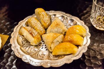 Boyos de fila kon livadura -- flaky pastries with a variety of fillings, including Swiss chard and cheese, and potato and cheese.