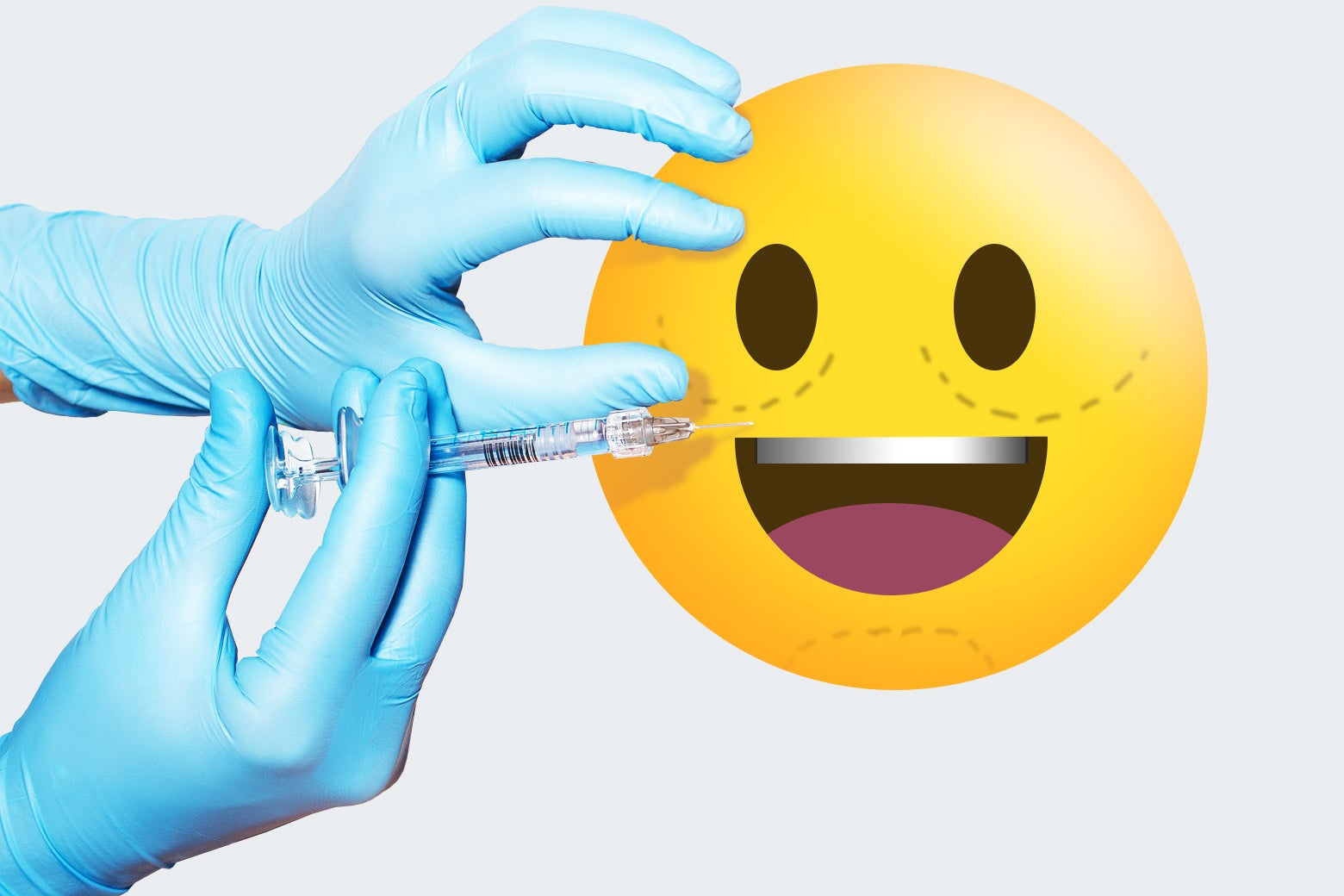 Gloved hands injecting a smiley face