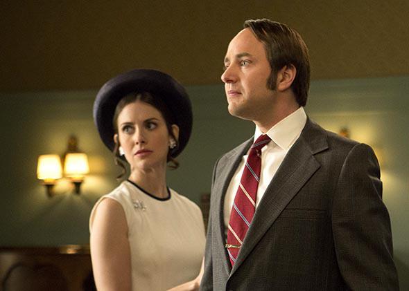 Alison Brie as Trudy Campbell and Vincent Kartheiser as Pete Campbell in Mad Men.