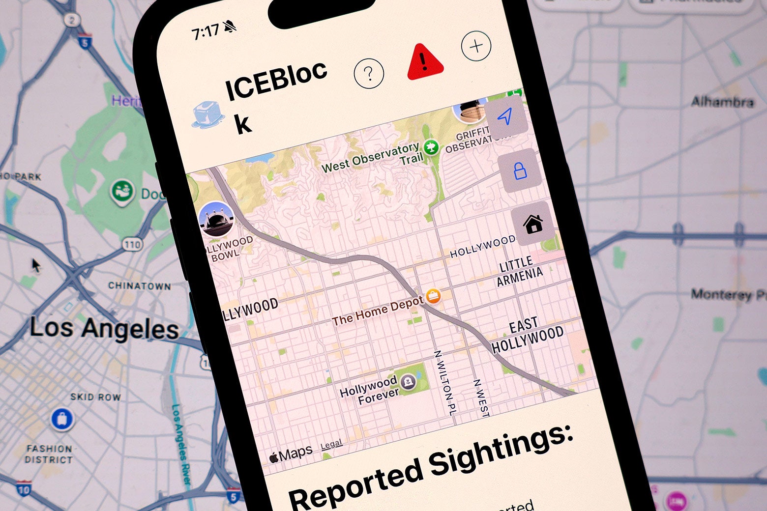 The ICEBlock app is displayed on an Apple iPhone juxtaposed against a map of Los Angeles.