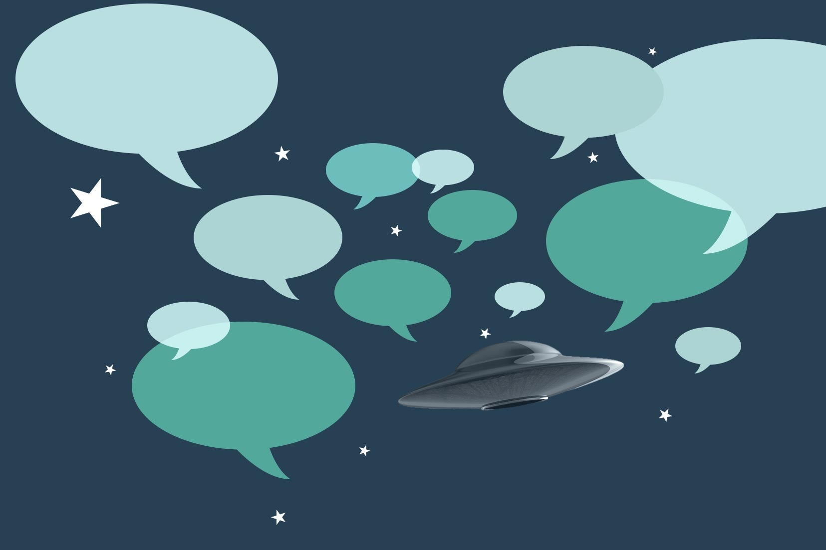 Speech bubbles surrounding a flying saucer in space