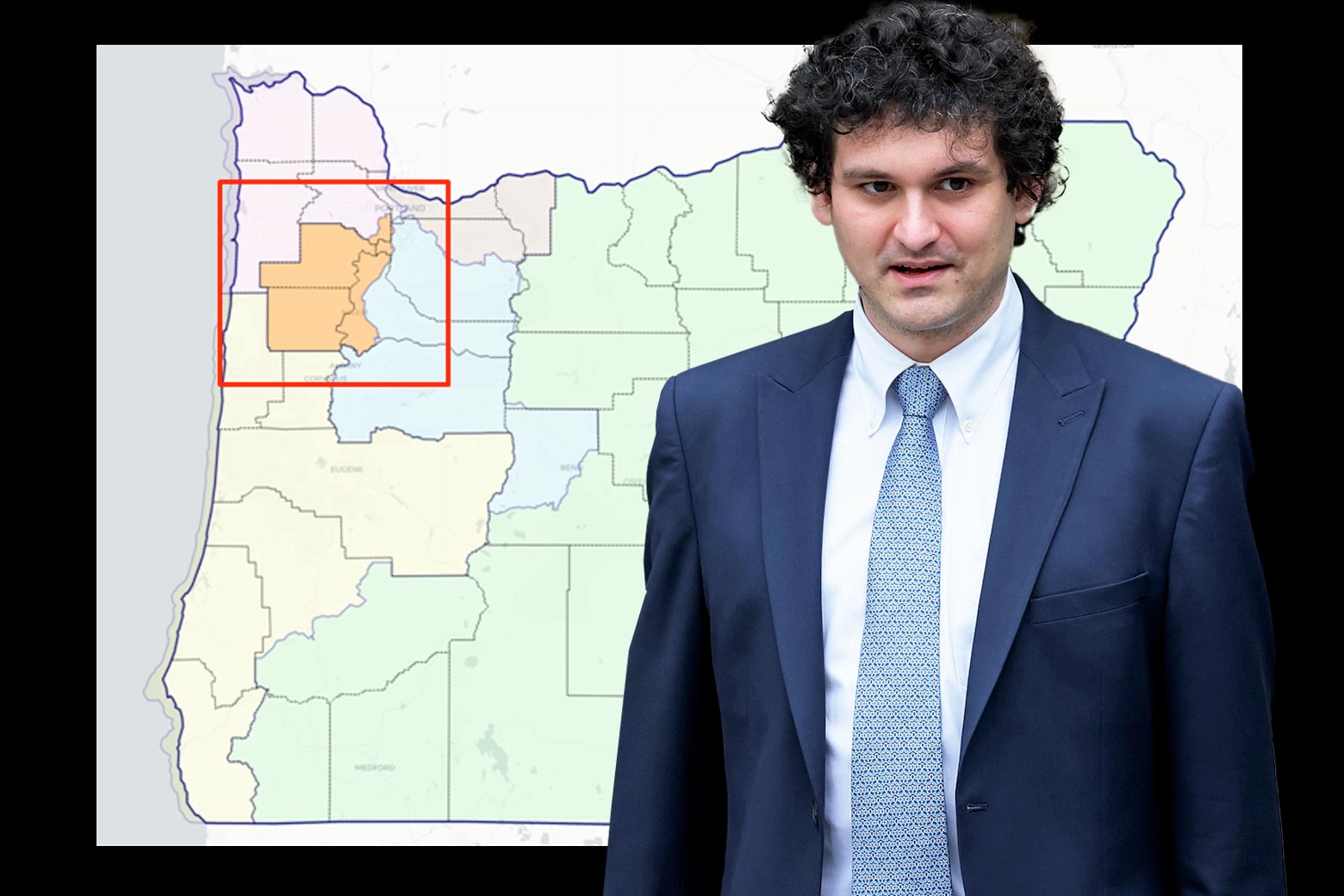 Sam Bankman-Fried stands in front of a map of congressional districts in Oregon.