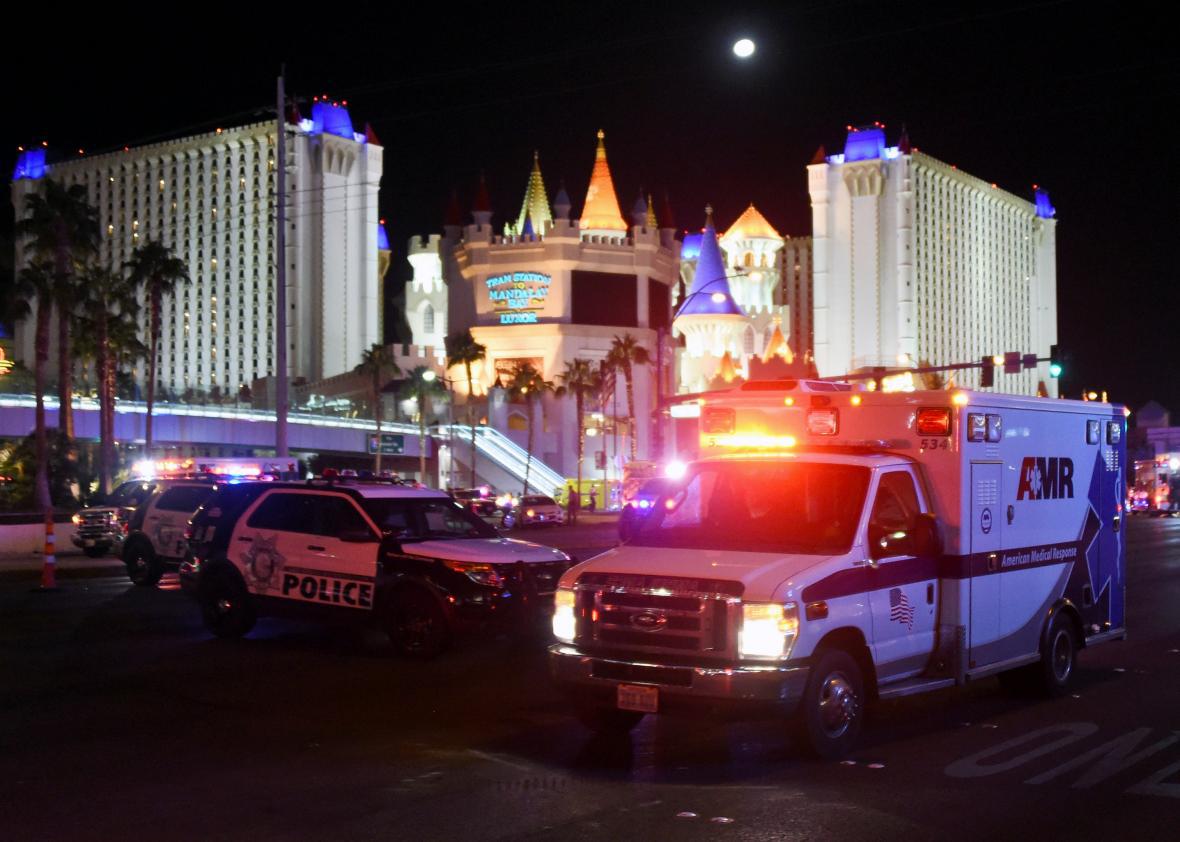An ambulance after Sunday’s mass shooting in Las Vegas