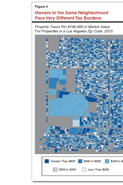A map showing that tax rates in one Los Angeles neighborhood vary widely even among houses with similar market values, based on date of purchase.