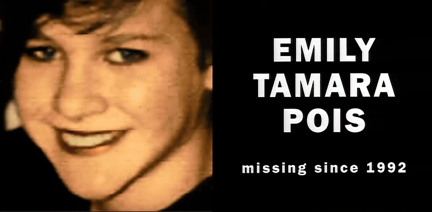A music-video still of Emily Pois, a dark-haired white woman with bangs, with the text "Missing Since 1992."
