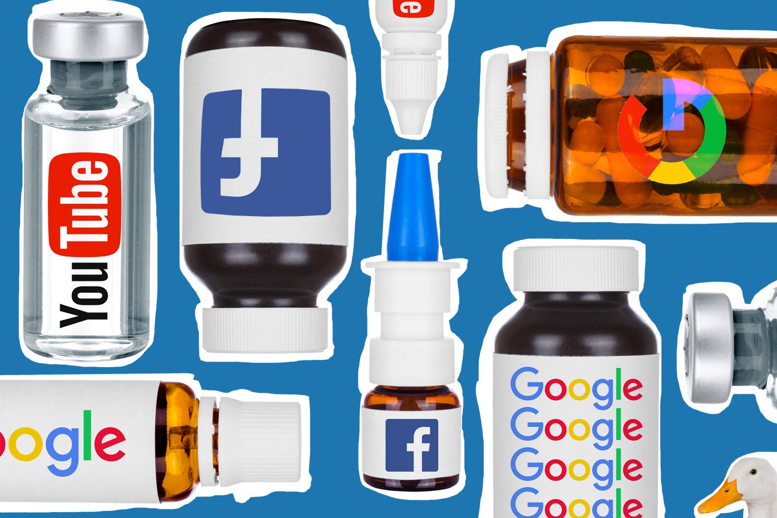 Logos for Facebook, Google, and Youtube on various medicine bottles, along with a duck.