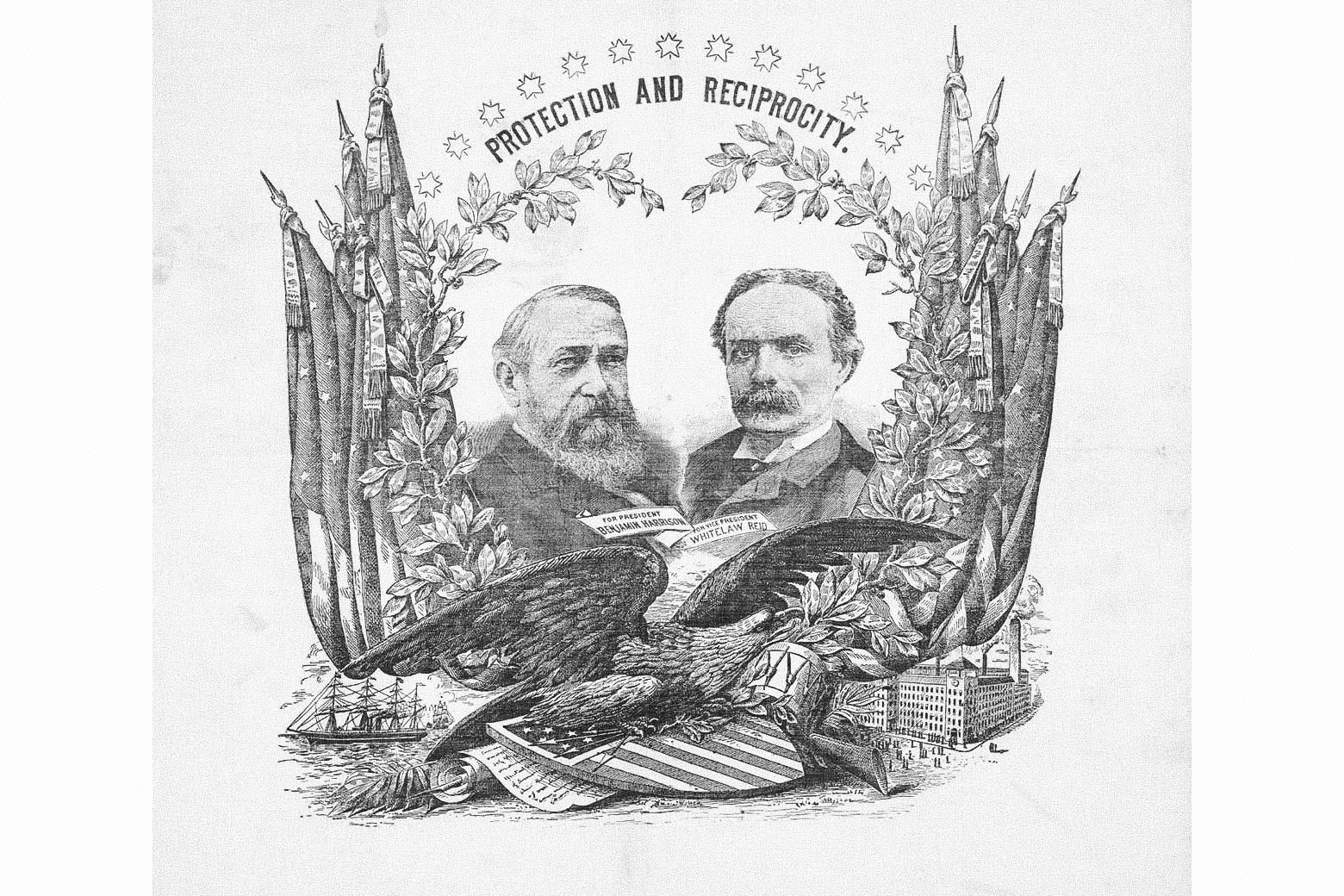 A vintage campaign souvenir for the Harrison/Reid ticket, with the slogan “Protection and Reciprocity” at the top.