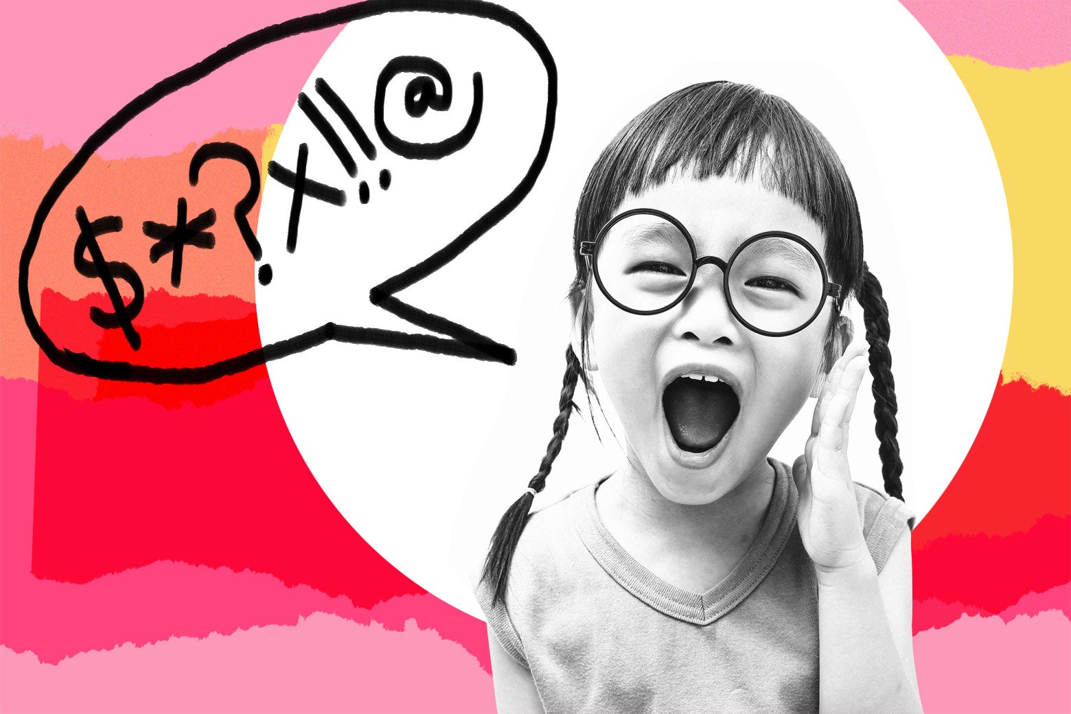 Photo illustration: A young girl with braided pigtails shouts. A speech bubble with suggested swear words has been added to the image.
