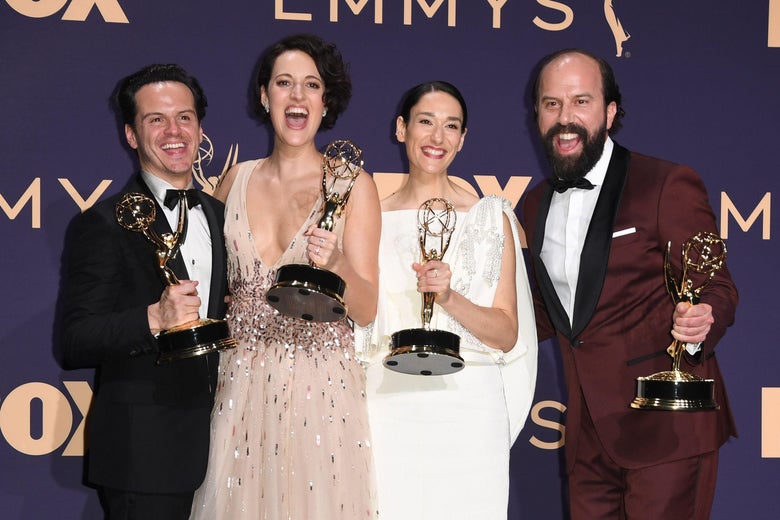 Actors Andrew Scott, Phoebe Waller-Bridge, Sian Clifford and Brett Gelman pose with the Emmy for Outstanding Comedy Series award for Fleabag.