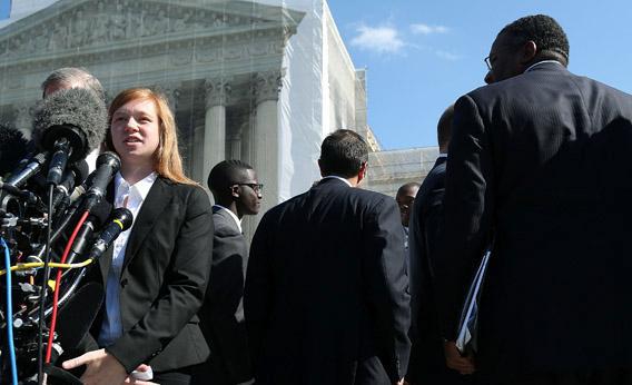 Plaintiff Abigail Noel Fisher (left) speaks to the media after the U.S. Supreme Court Supreme heard arguments.