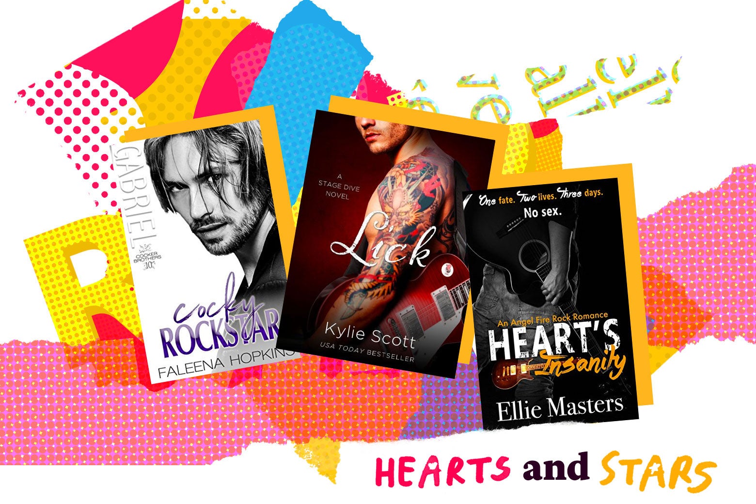 Photo illustration: a collection of romance novel covers, including Cocky Rockstar, Lick, and Heart's Insanity.