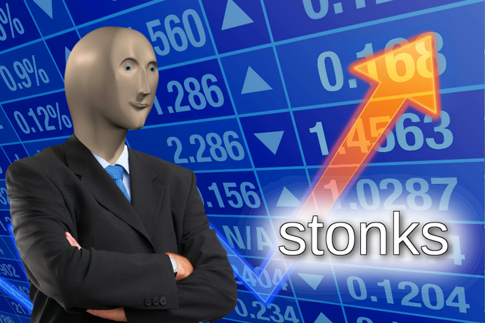 Businessman with computer-generated head, arms crossed, wearing a suit, stands next to the word "stonks" and a spiking trendline. The background is a stock board.